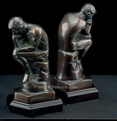 8" Thinker - Bronzed Metal On Wood Bookends