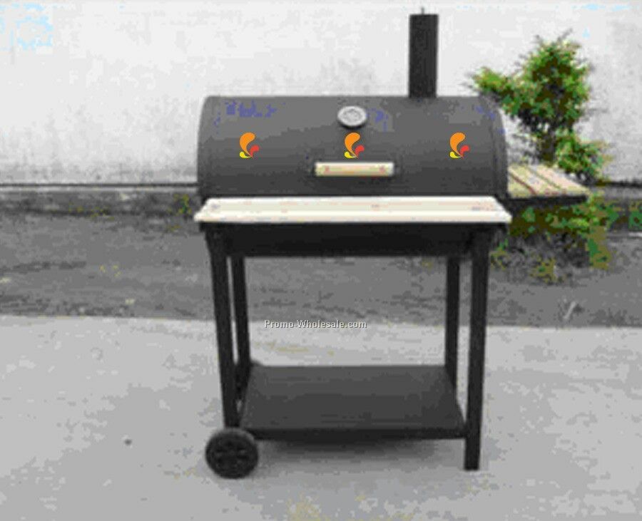 Barbecue Grill - Barrel Style With Front Tray And Wood Side Rack