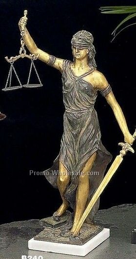 Bronzed Lady Justice Sculpture With White Marble Base