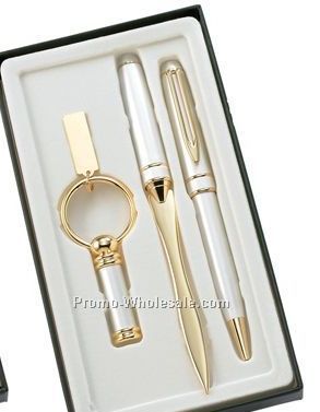 Pearl/Gold Trim - Ball Point Pen, Key Ring & Letter Opener Pen Set In Gift