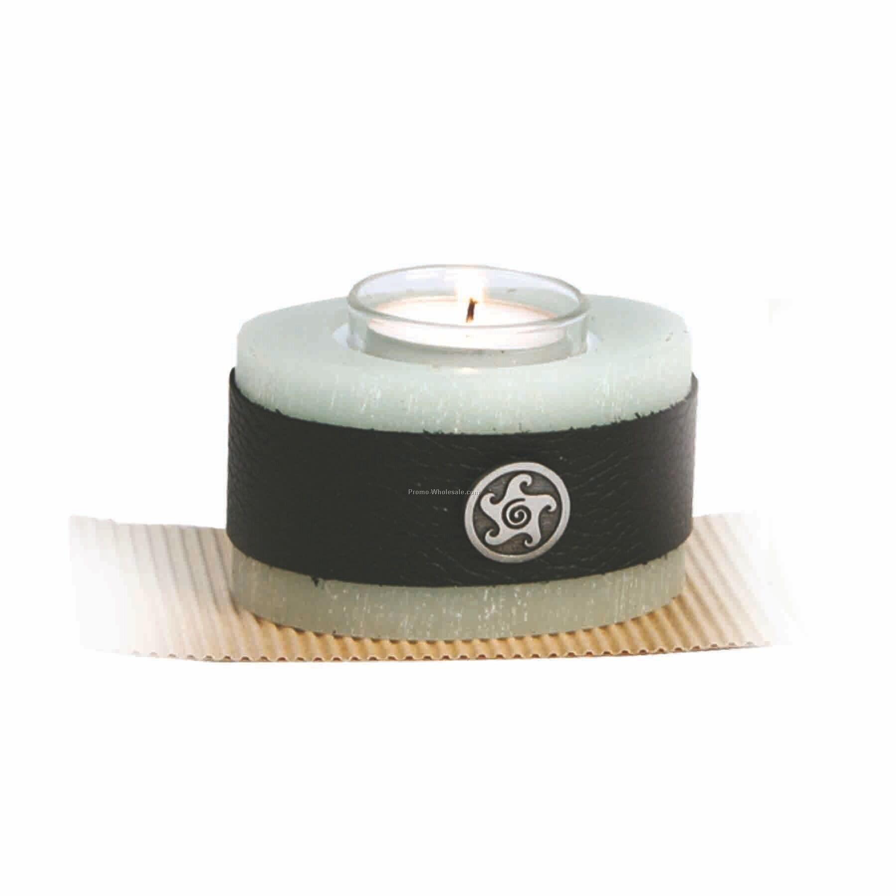 Single Candle, Leather Band Replaceable Tea Lights (Pewter Emblem)