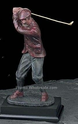 13"x7"x5" "the Golfer" Hand Painted Metal Sculpture On Wood Base