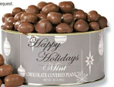 24 Oz. Mint Chocolate Peanuts Tin W/ Silver Holiday Label & Top Sticker