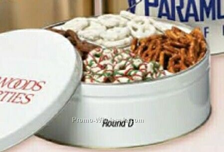 36 Oz. Custom Round Tin - Coated Pretzels