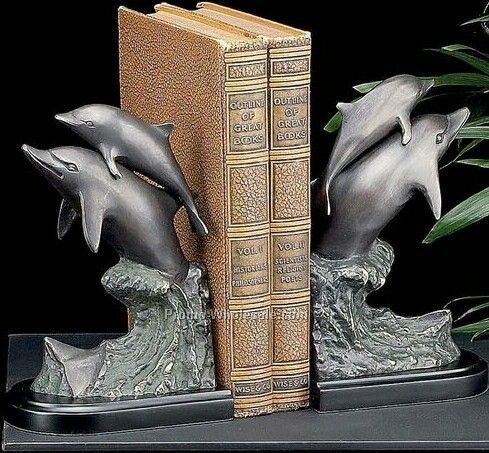 8" Bronze Brass Dolphin Bookend On Wood Base
