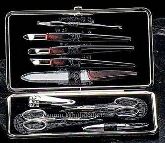 9 Piece Manicure Set In Black Leather Croco Case - Silver Plated