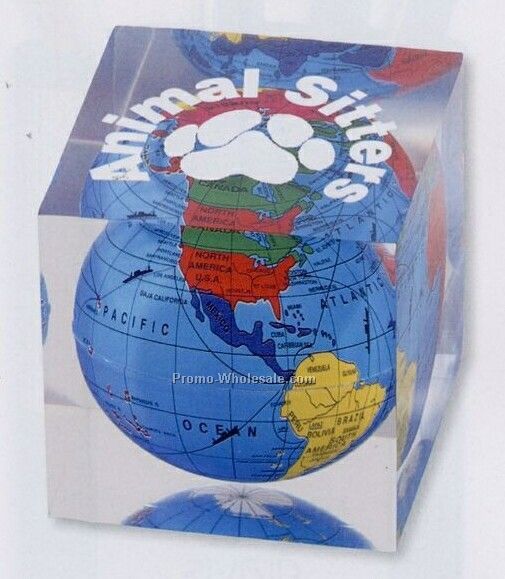Acrylic Cube Paperweight W/ Globe (Standard Shipping)