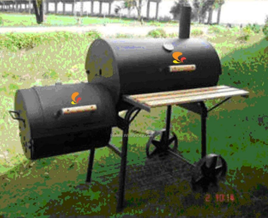 Barbecue Grill - Barrel Style With Side Fire Box And Wood Trim