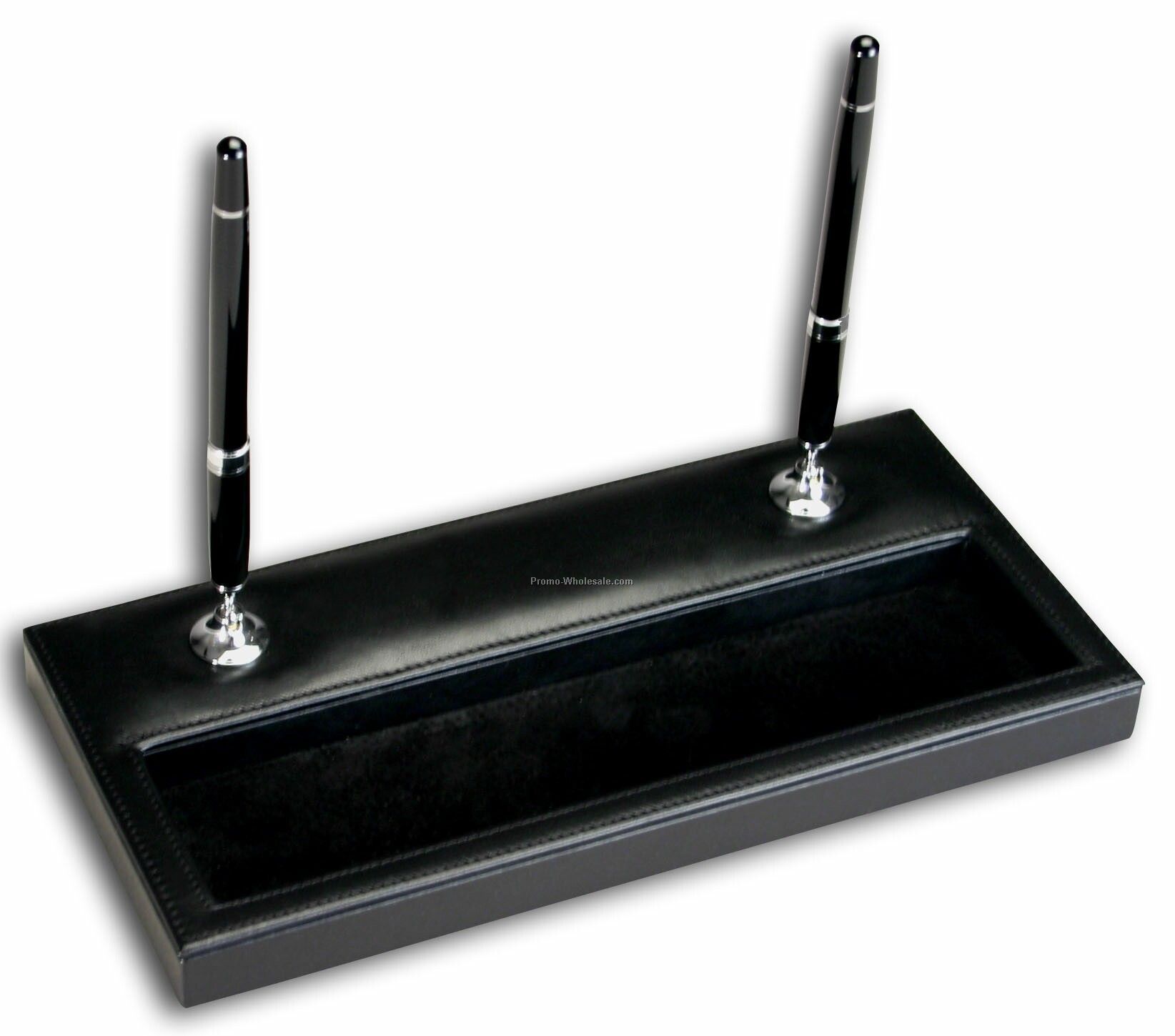 Classic Leather Double Pen Stand - Black