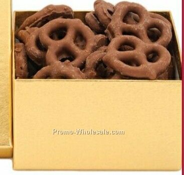 Gold Gift Box Filled With Chocolate Covered Pretzels