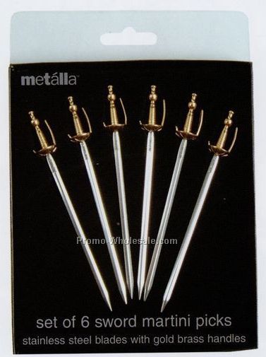 Metalla 6 Piece Sword Martini Pick Set With Gold Brass Handles