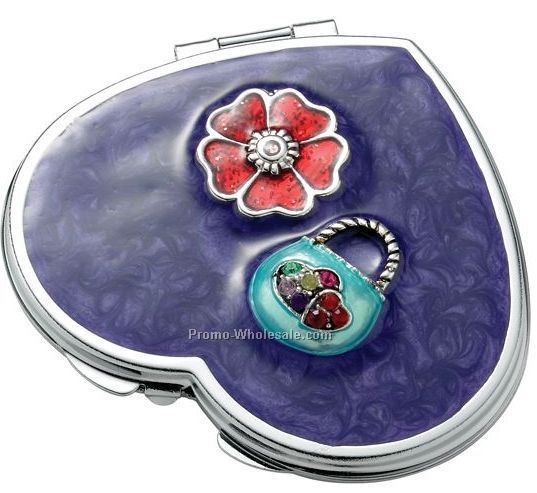 Purple Heart Iron Compact Mirror W/ Purse Ornaments & Epoxy Top