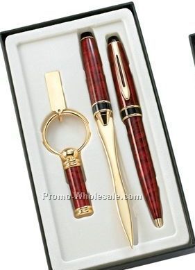 Red Marble/Gold Trim - Ball Point Pen, Key Ring & Letter Opener Pen Set In
