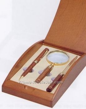 Rosewood Pen W/ Letter Opener And Magnifier Set