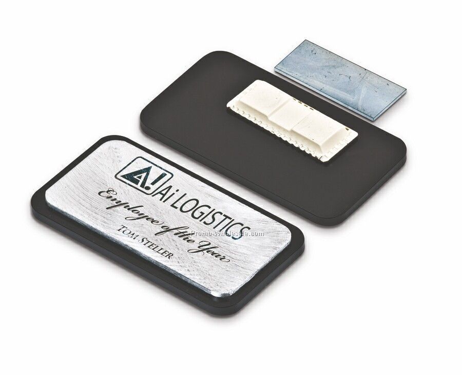 Rounded Corner Rectangle Black Acrylic Badge W/ Random-sanded Aluminum