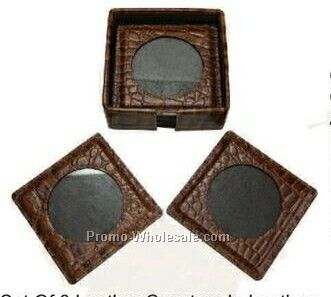 Set Of 6 Square Black Croco Embossed Cowhide Coasters - Open Box