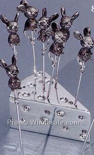 Set Of 8 Silver Plated Mouse Cheese Picks W/ Austrian Crystal