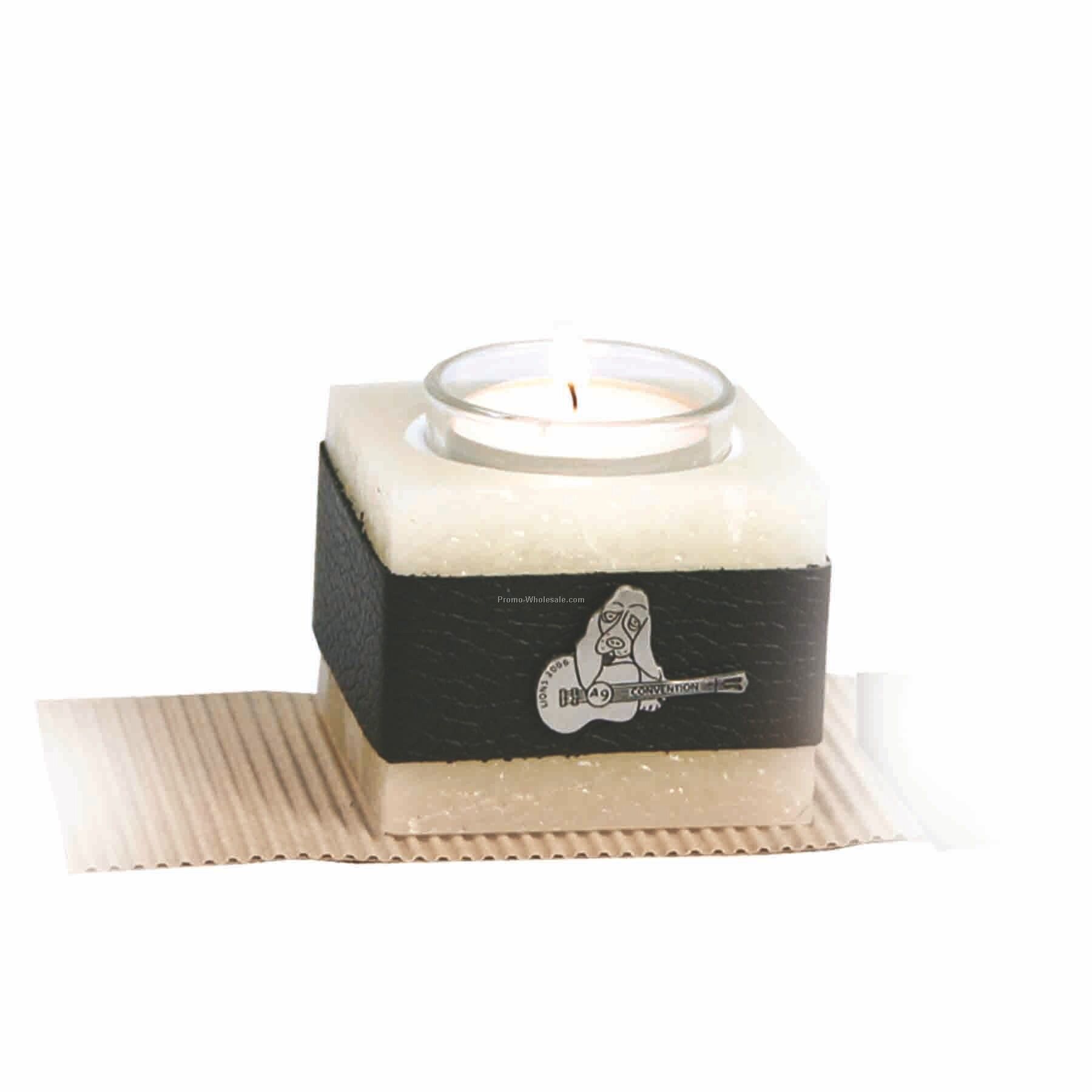 Single Candle, Leather Band Replaceable Tea Lights (Pewter Emblem)