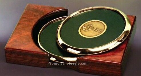 Walnut Or Oak Coaster Holder W/ 2 Gold Plated Round Coasters