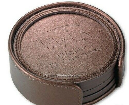 3-7/8" 4 Piece Accent Rimmed Coaster Set W/ Matching Leather Holder