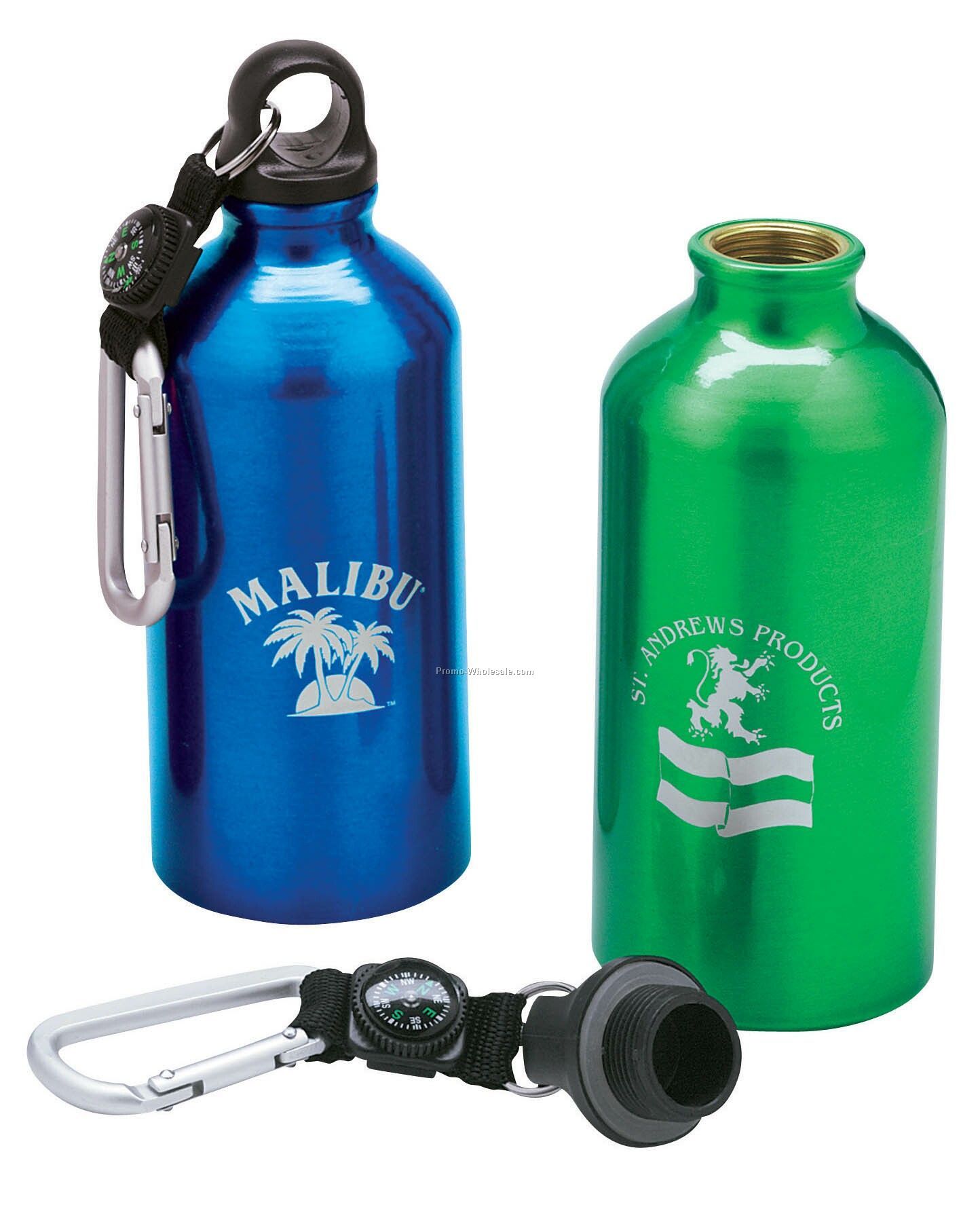 3"x7-1/2" 500ml Green Aluminum Sport Flask I W/ Carabiner & Compass