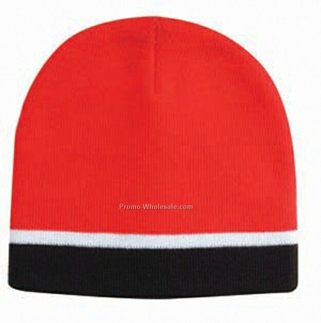 8" Contrast Trim Acrylic Knit Beanie Hat (2 Line)