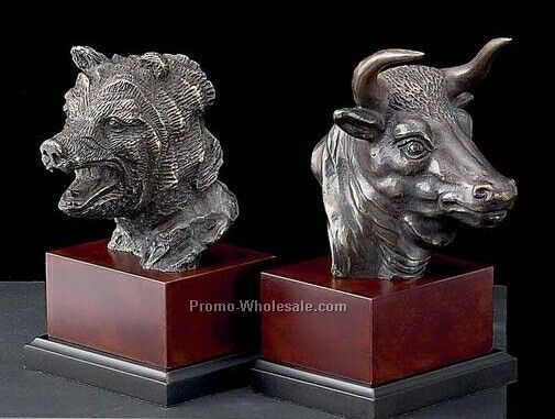 8-1/2" Stock Market Bronze With Wood Base Bookends