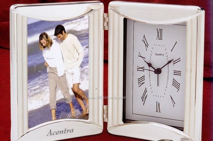 9-1/2"x6-1/4" Folding Chrome Plated Photo Frame With Alarm Clock