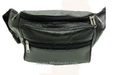 Black Lambskin Oversized Waist Wallet Fanny Pack W/7 Zippers