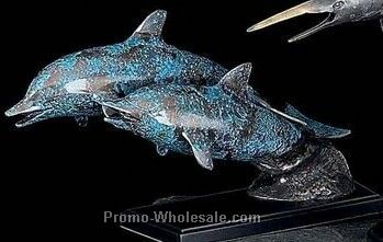 Blue Patina Finished Metal Flying Dolphins Sculpture With Wood Base