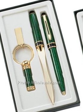 Green Marble/Gold Trim - Ball Point Pen, Key Ring & Letter Opener Pen Set I