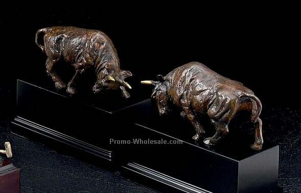 6" Double Bull Marbleized Brass On Wood Bookends