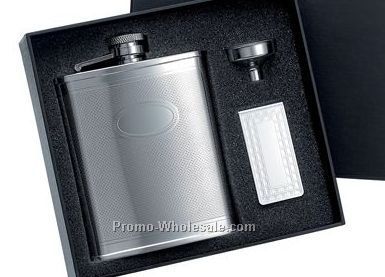 6 Oz Stainless Steel Flask W/Front Oval Panel And Matching Money Clip With