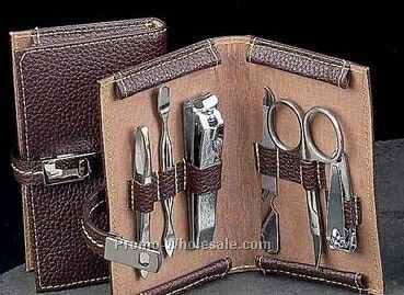 6 Piece Manicure Set With Brown Leather Case