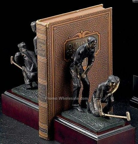 8-1/2" Double Golfers Bookends Bronzed Brass Wood Base