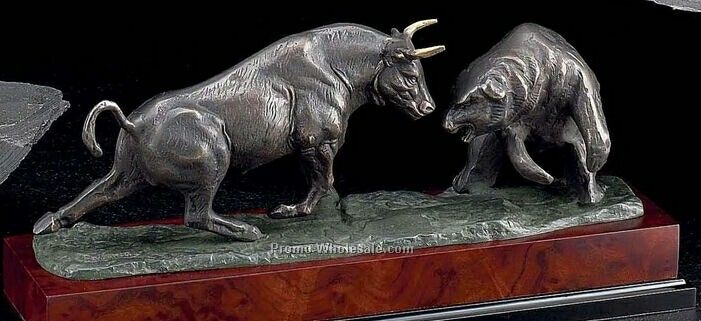 Bronzed Metal Charging Bull & Bear Sculpture On Burlwood Base