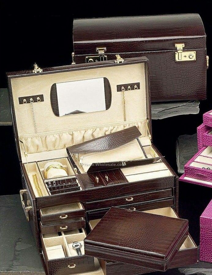 Brown Leather Multi Level Jewelry Chest With Travel Tray