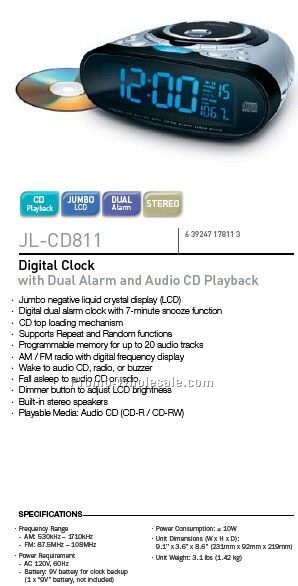 CD Single Alarm Clock W/AM FM Radio
