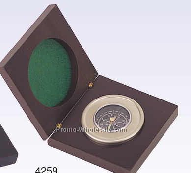 Chrome Compass In Wooden Box (Engraved)