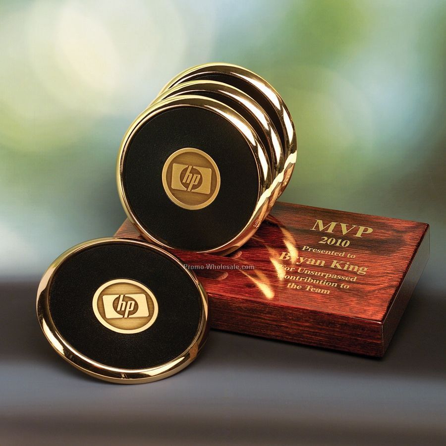 Dymondwood Coaster Holder W/ 4 Gold Plated Round Coasters - 7"x4"