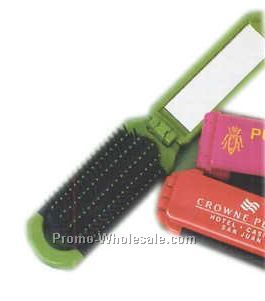 Folding Plastic Hair Brush W/ Mirror Handle