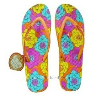 Purple/ Blue/ Yellow Flower Print Flip Flop Shoe W/ Rubber Strap