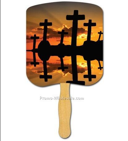 Religious Hand Fan Stapled/Crosses At Sunset