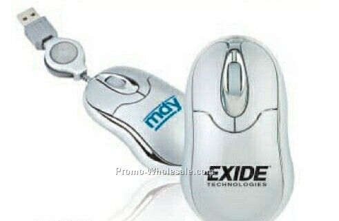 Smooth Silver Mini Optical Mouse With Retractable Cord