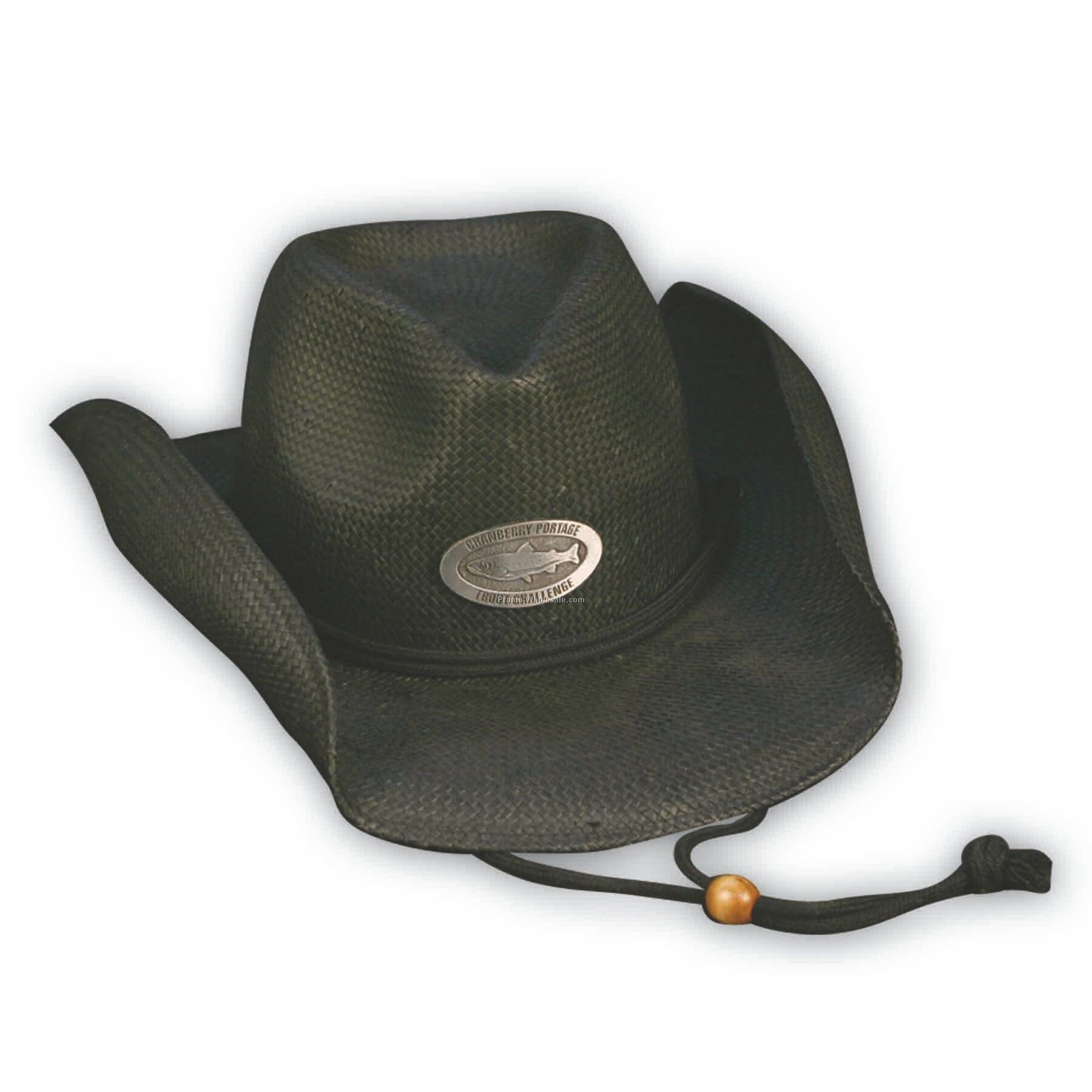 Straw Cowboy Hat W/ Bolo Tie (Pewter Emblem)
