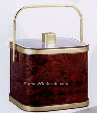 Walnut Double Wall Square Ice Bucket W/ Lid & Tong