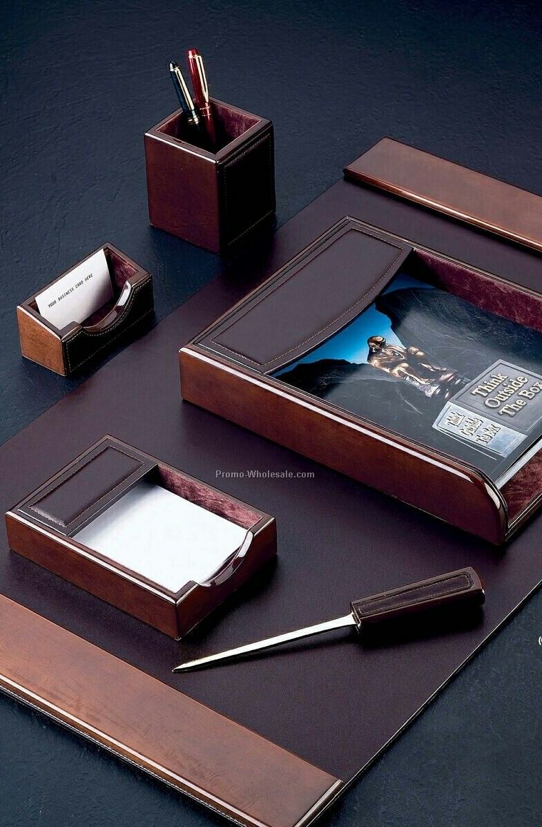 Wood & Brown Leather 6 Piece Desk Set