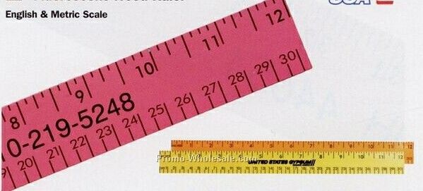12" Fluorescent Wood Ruler With English & Metric Scale - Standard Delivery