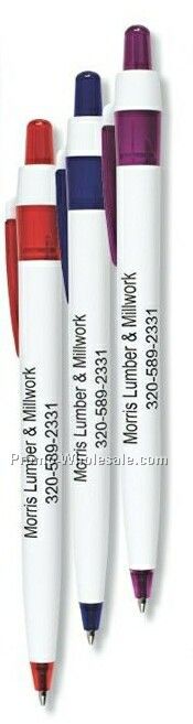 5-9/16"x7/16" White Ballpoint Pen W/ Color Accents