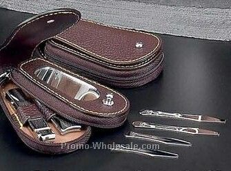 6 Piece Manicure Set With Brown Leather Case & Collar Stays